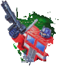 Optimus Prime leaps through through the broken Z icon with laser rifle in hand.