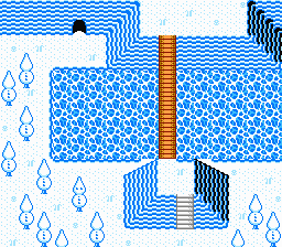 An 8-bit snowy forested, mountainous landscape with a wooden bridge stretching over an animated body of water. The scene is dotted with snowman-shaped trees, one of which appears to have eyes. There is also a dark cave entreance in the side of a mountain.