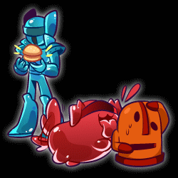 The Slime Knight admires a floating hamburger bun while the Jelly dog licks the clay figure of Nan-Tsu.