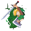 Link jumps through the broken Z icon with sword and shield in hand.